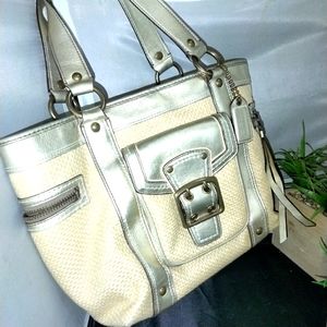 Coach legacy straw and gold leather tote purse